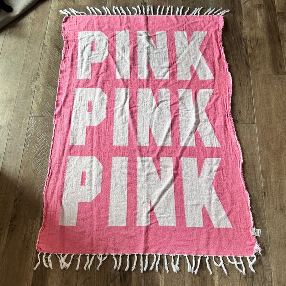 PINK Victoria's Secret Other - Victoria's Secret PINK Woven Cotton Throw Blanket Pink White Logo Fringe 50x60